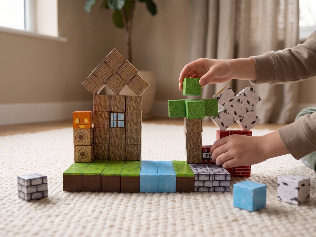 Waterfall Meadow magnetic cubes, built scene with meadow, stream and waterfall